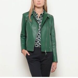Lafayettte 148 Elm Green Bernice Lambskin Leather Moto Jacket Size M